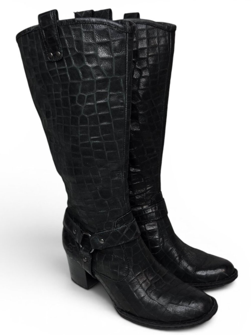 Born Distressed Croc Embossed Leather Harness Boots Womens Moto Block Heel 7 - Picture 1 of 14